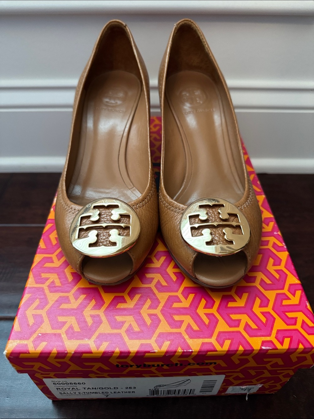Tory Burch Tan Leather Peep-Toe Heels with Gold Logo Medallion